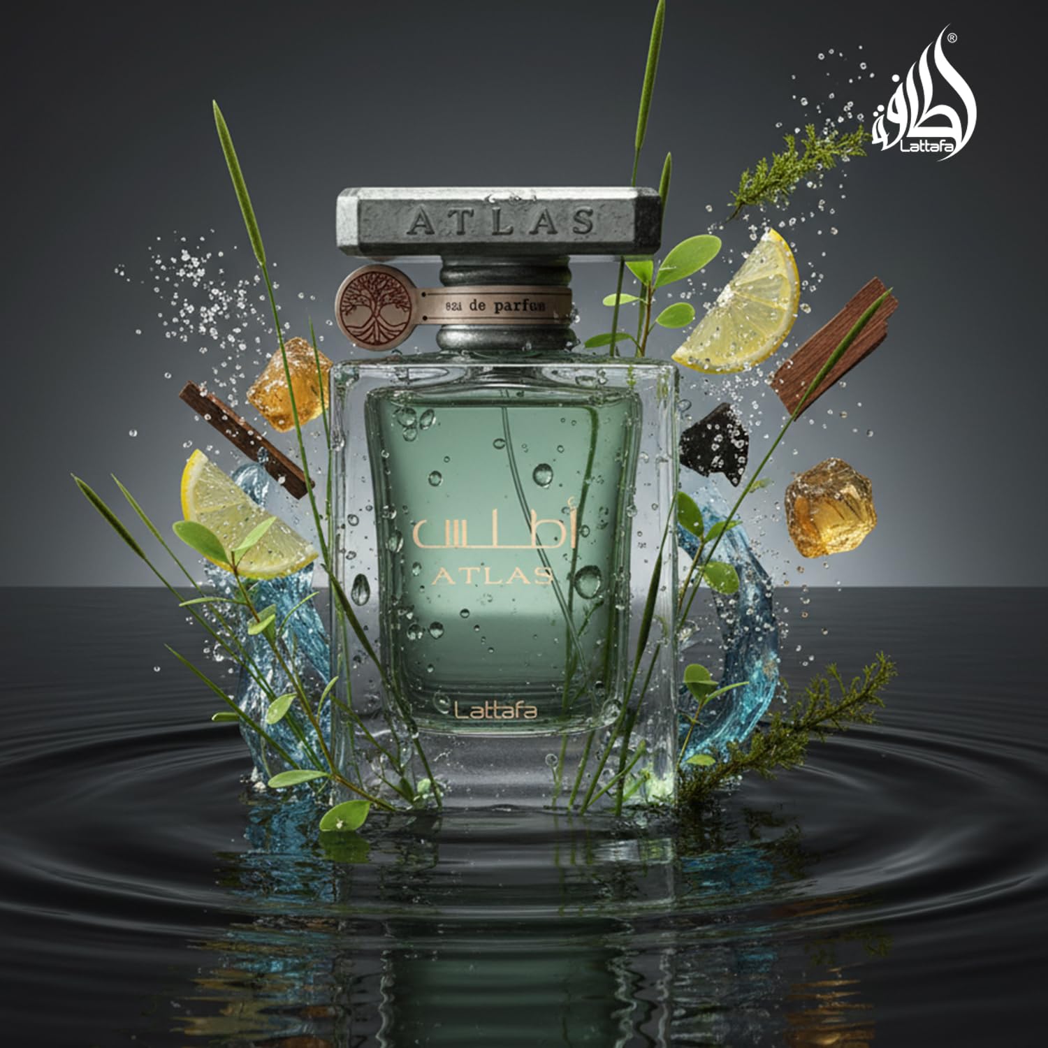 Lattafa Atlas bottle with spray head emphasizing long-lasting scent projection