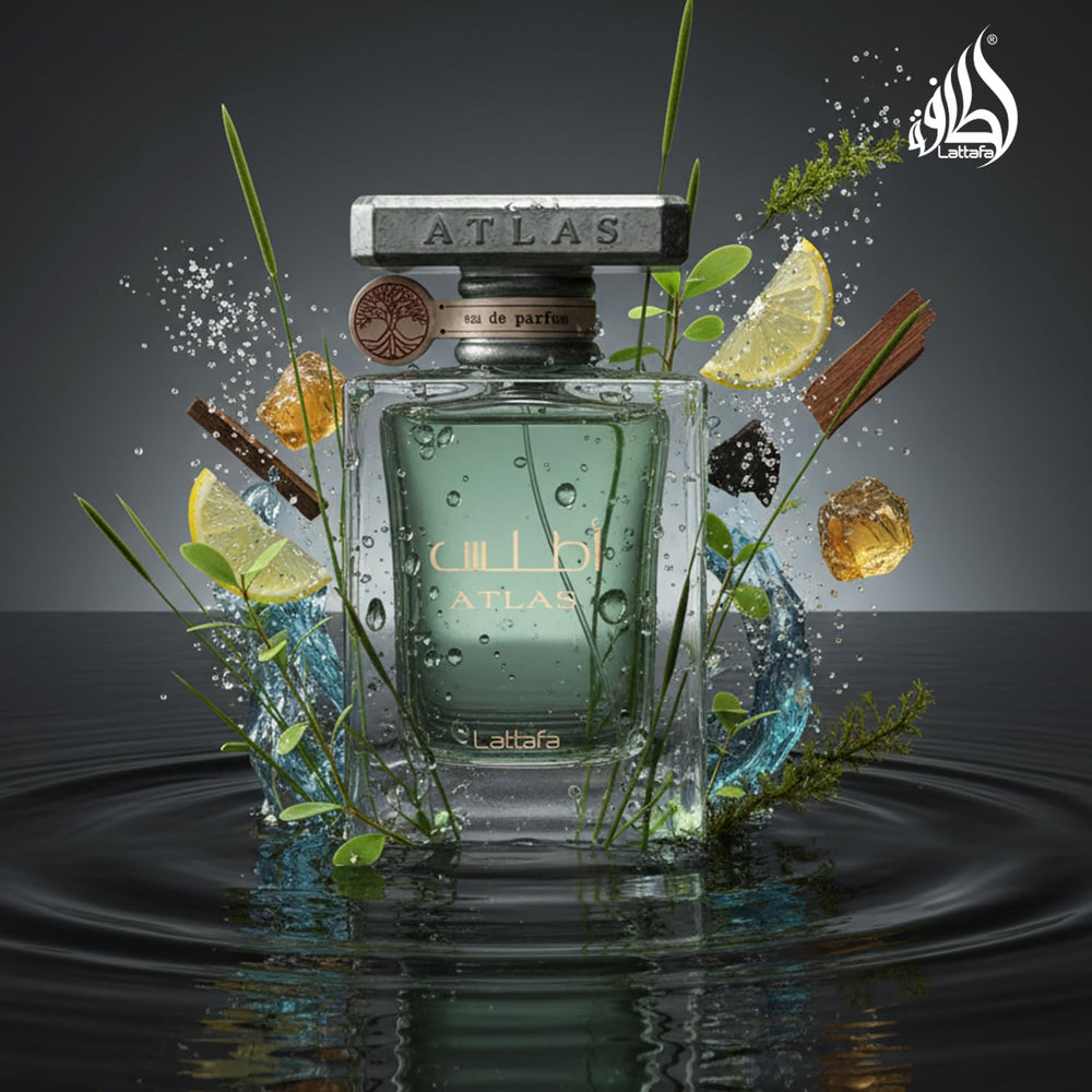 Lattafa Atlas bottle with spray head emphasizing long-lasting scent projection