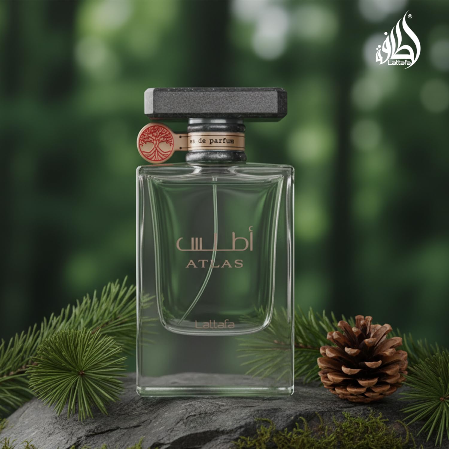 Lattafa Atlas bottle on vanity with soft lighting for daily wear