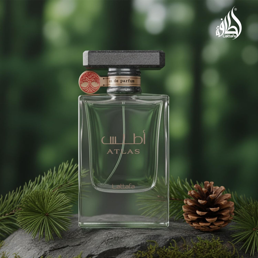 Lattafa Atlas bottle on vanity with soft lighting for daily wear
