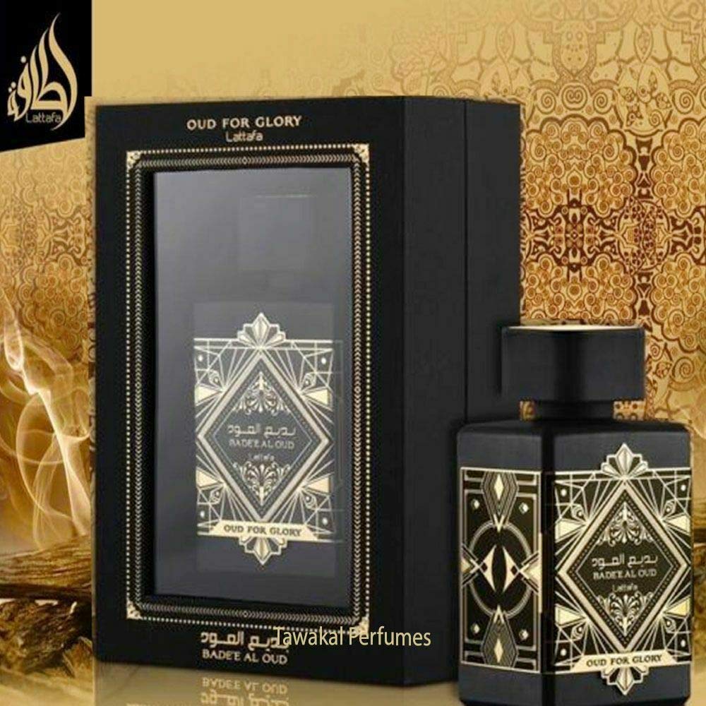 Lattafa Bade'e Al Oud Glory cap-closeup shows premium bottle detail.