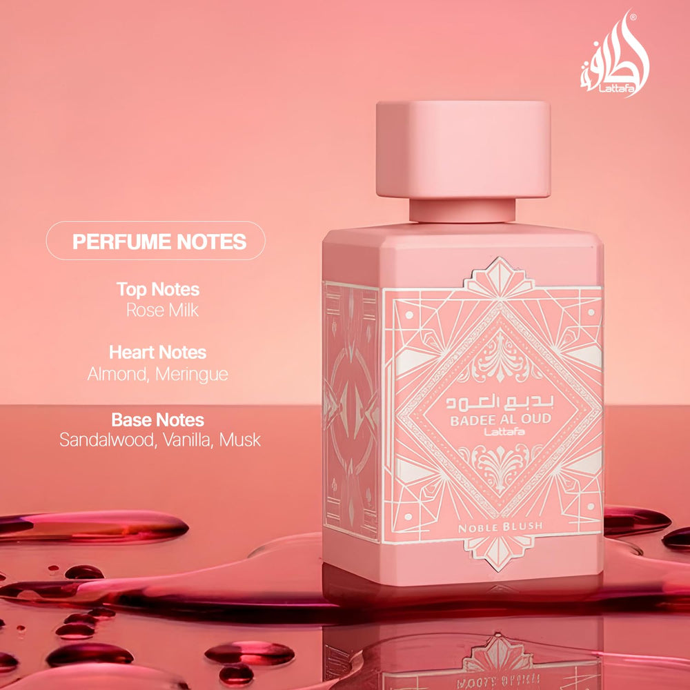 Lattafa Bade'e Al Oud Noble Blush bottle-cap detail showcasing luxury packaging