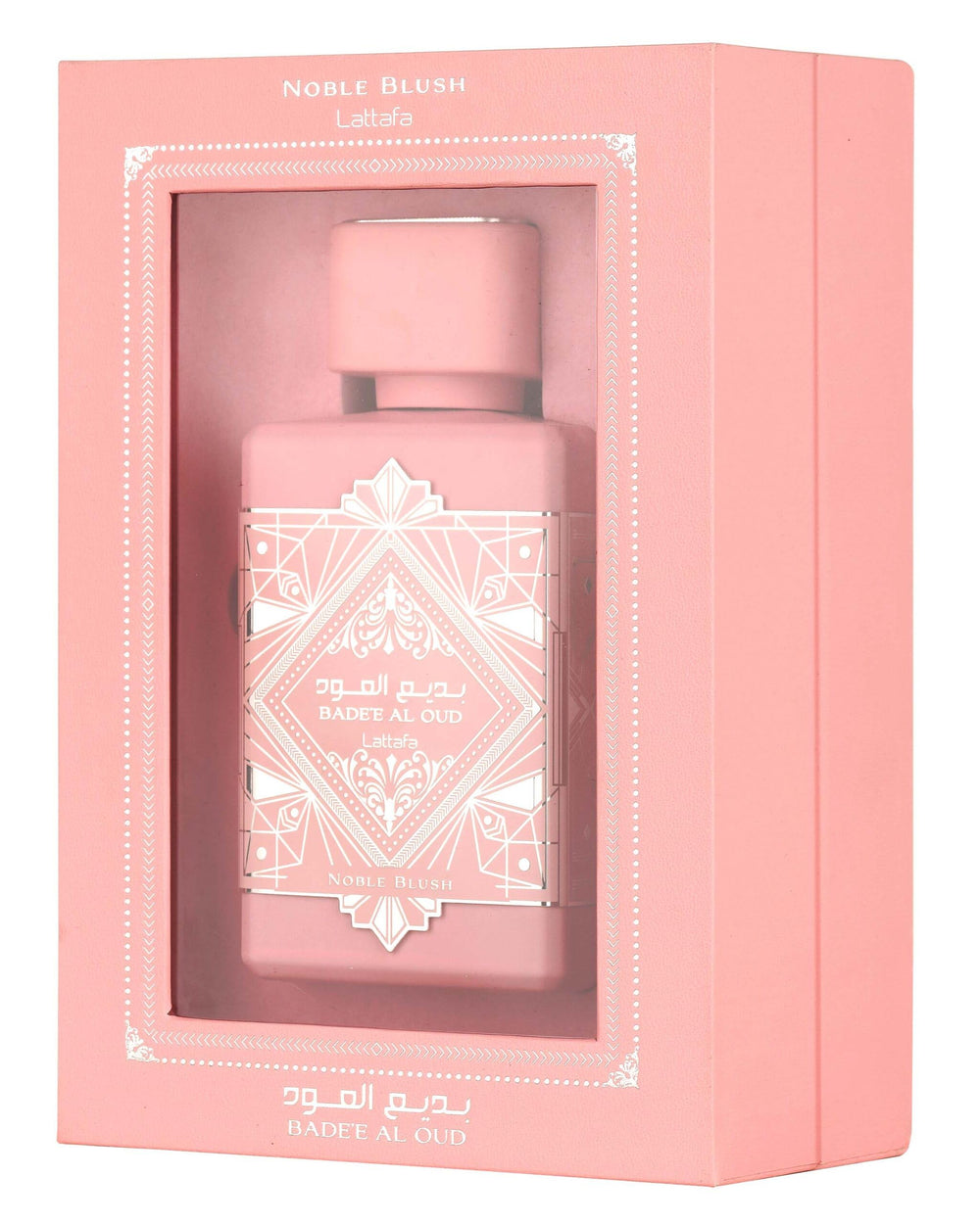 Lattafa Bade'e Al Oud Noble Blush bottle emphasis on warm musk and finish