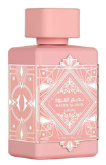 Lattafa Bade'e Al Oud Noble Blush bottle with rose-milk top note for romantic daytime wear