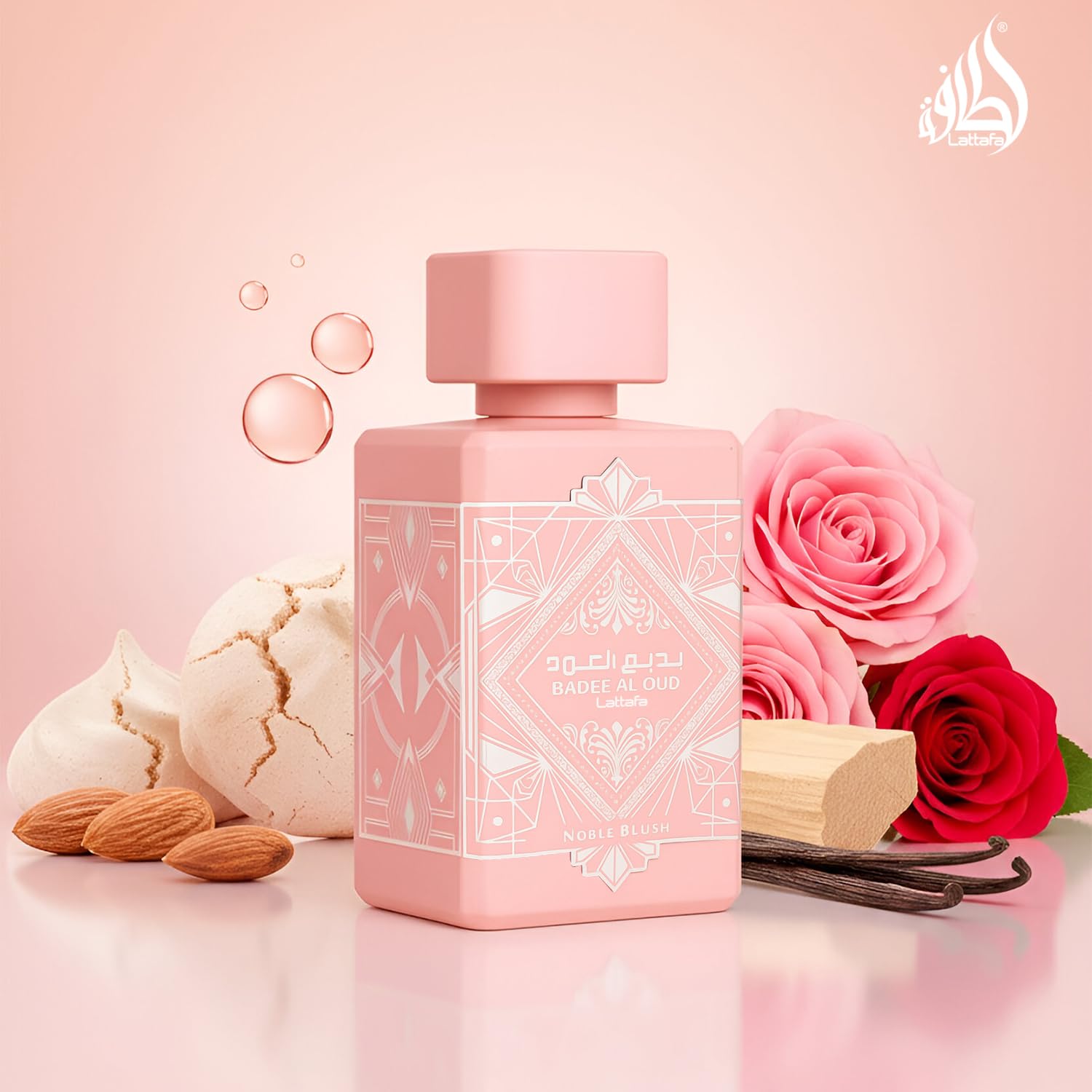 Lattafa Bade'e Al Oud Noble Blush sandalwood-vanilla base for warm, velvety finish