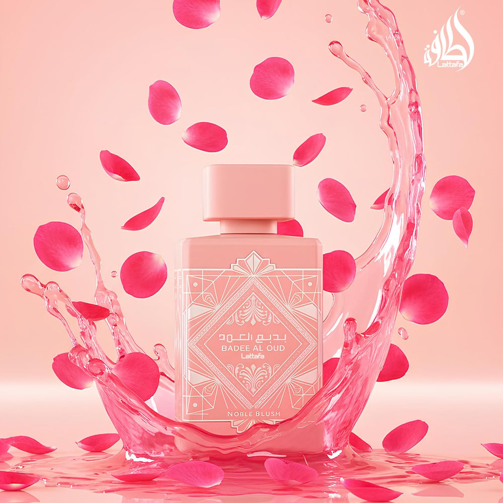 Lattafa Bade'e Al Oud Noble Blush unisex-wear setup suggesting all-occasion versatility