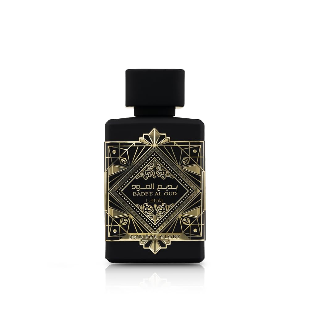 Lattafa Bade'e Al Oud Oud for Glory bottle top view illustrates long-lasting amber-woody scent.