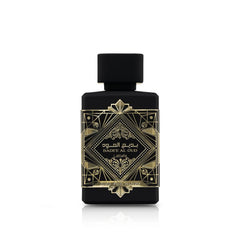 Lattafa Bade'e Al Oud Oud for Glory bottle top view illustrates long-lasting amber-woody scent.