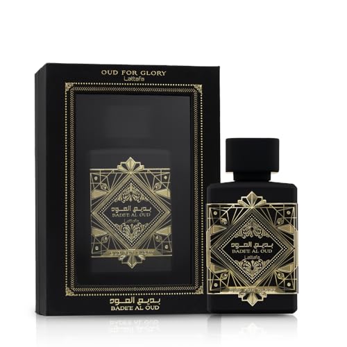 Lattafa Bade'e Al Oud Oud for Glory woody essence highlights rich oud and patchouli notes.