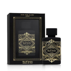 Lattafa Bade'e Al Oud Oud for Glory woody essence highlights rich oud and patchouli notes.