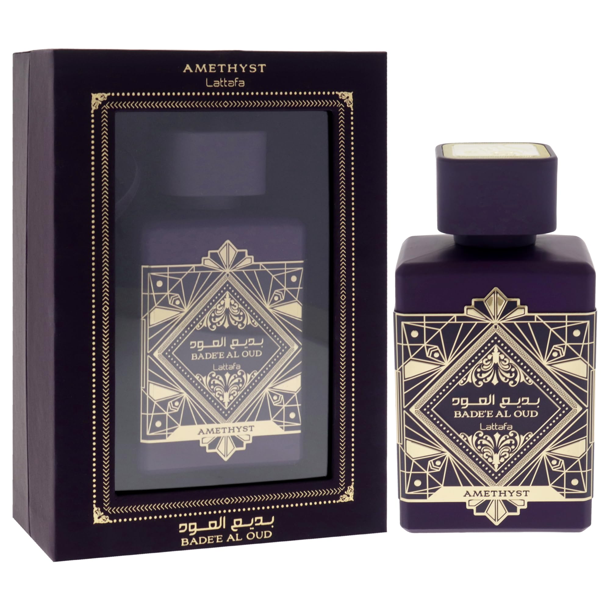 Lattafa Bade'e Al Oud Amethyst inner label close-up suggests premium attention to detail
