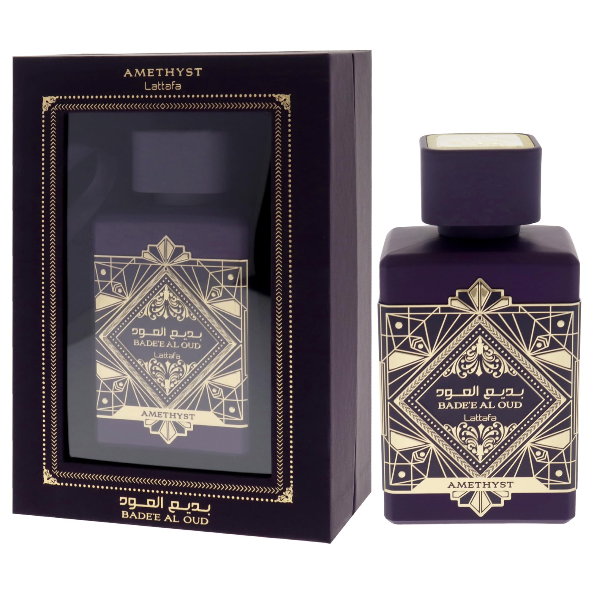 Lattafa Bade'e Al Oud Amethyst outer box shows confident, unisex appeal