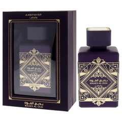 Lattafa Bade'e Al Oud Amethyst outer box shows confident, unisex appeal