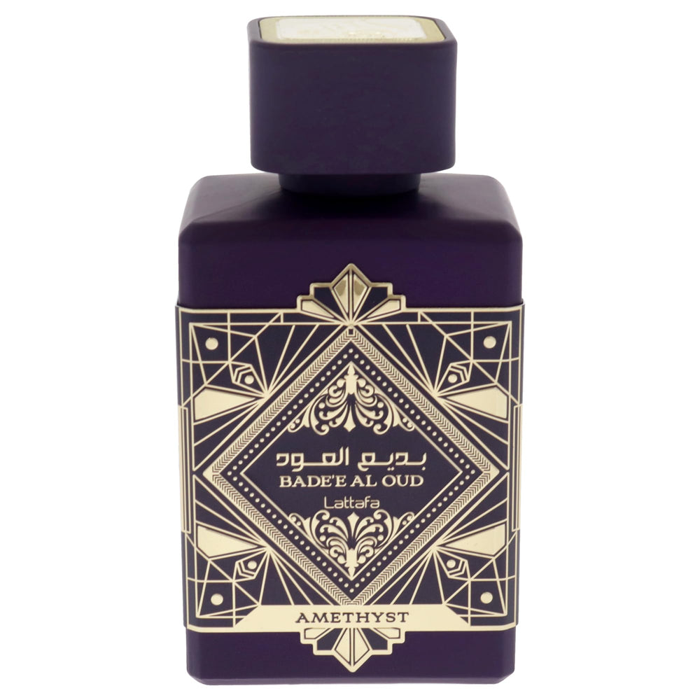 Lattafa Bade'e Al Oud Amethyst packaging design exudes luxury and gift-worthy appeal
