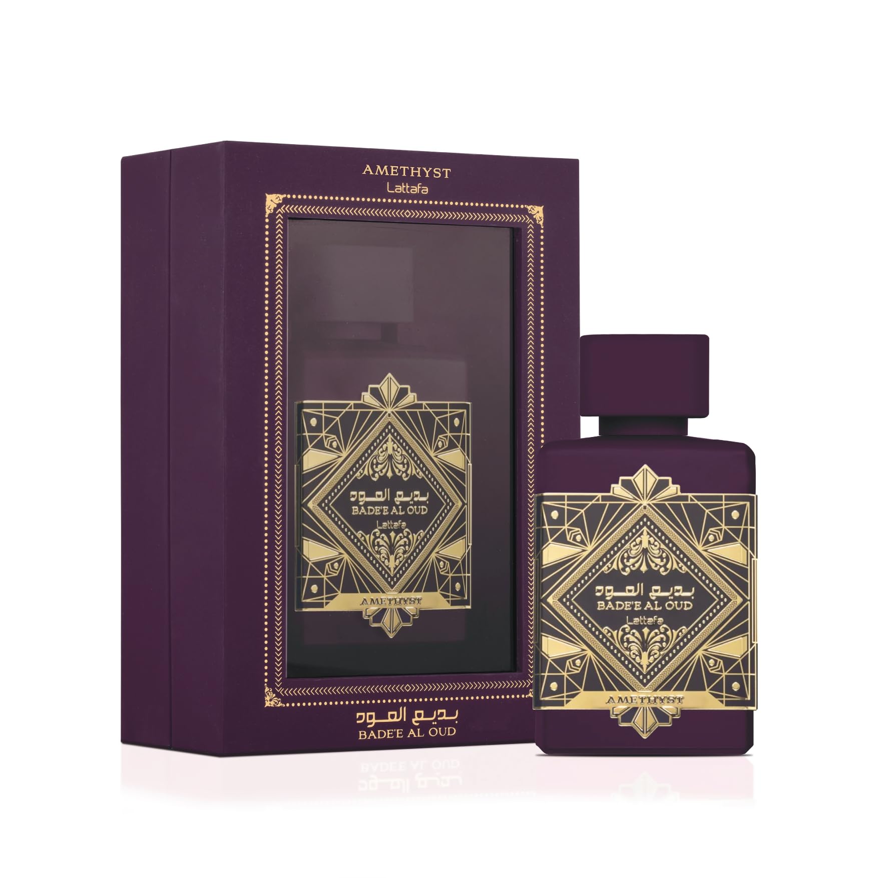 Lattafa Bade'e Al Oud Amethyst amber-vanilla essence for cozy evenings.