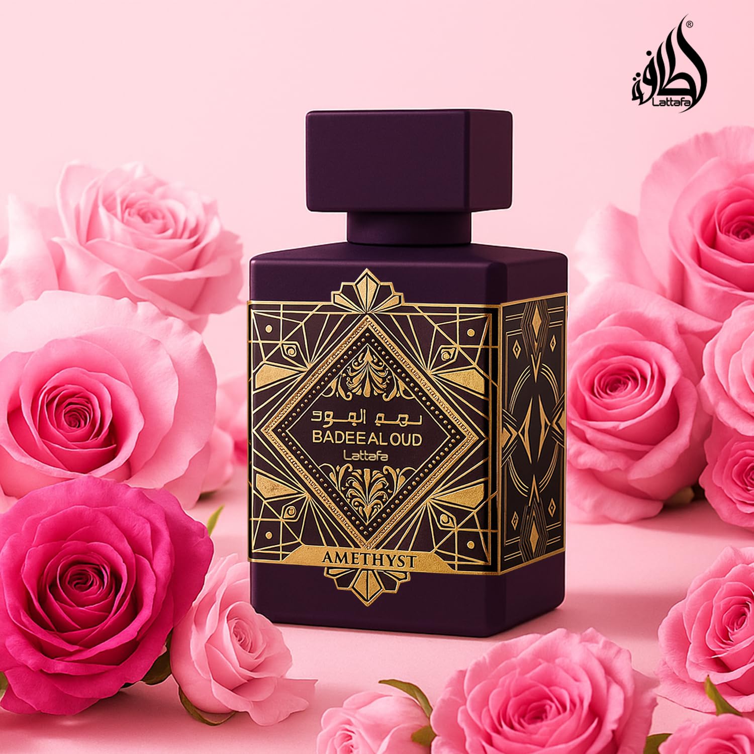 Lattafa Bade'e Al Oud Amethyst cap detail shows elegant design.