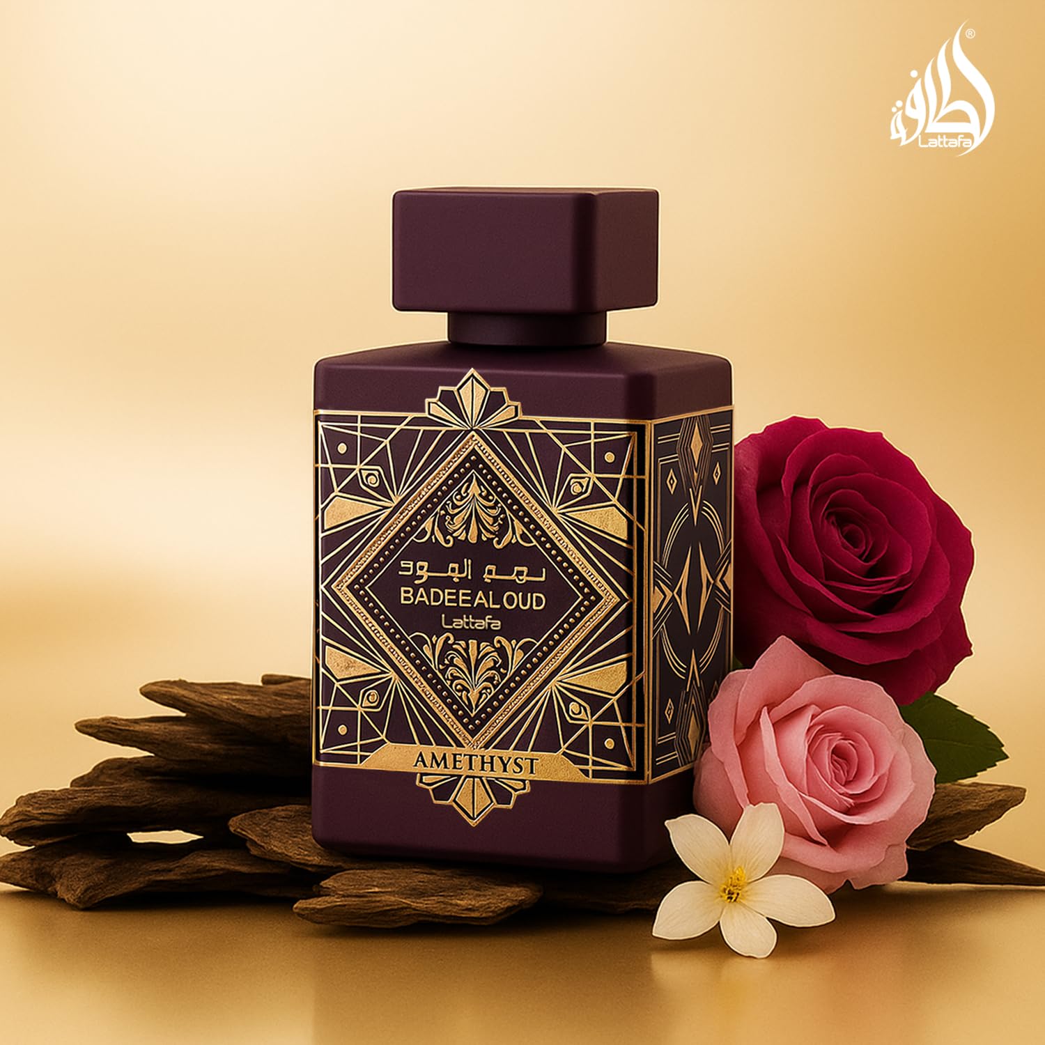Lattafa Bade'e Al Oud Amethyst 3.4oz display with sleek bottle.