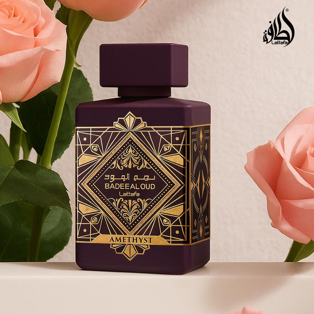 Lattafa Bade'e Al Oud Amethyst packaging box shows premium gifting appeal.