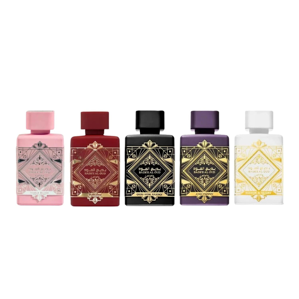 Lattafa Bade'e Al Oud Amethyst bottle for modern sensuality with berry-woody notes