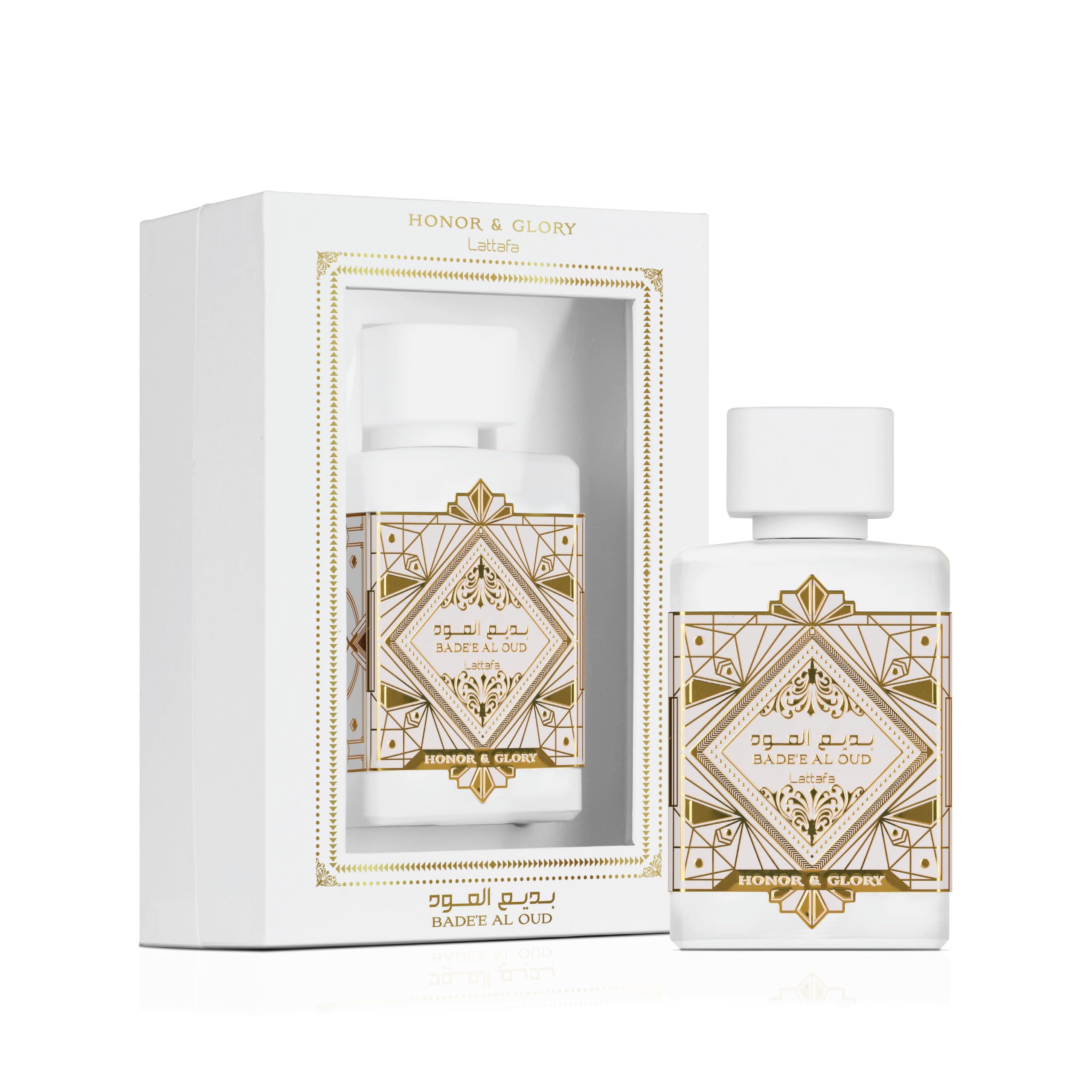 Lattafa Bade'e Al Oud Honor & Glory cap detail—adds refined luxury on the shelf.