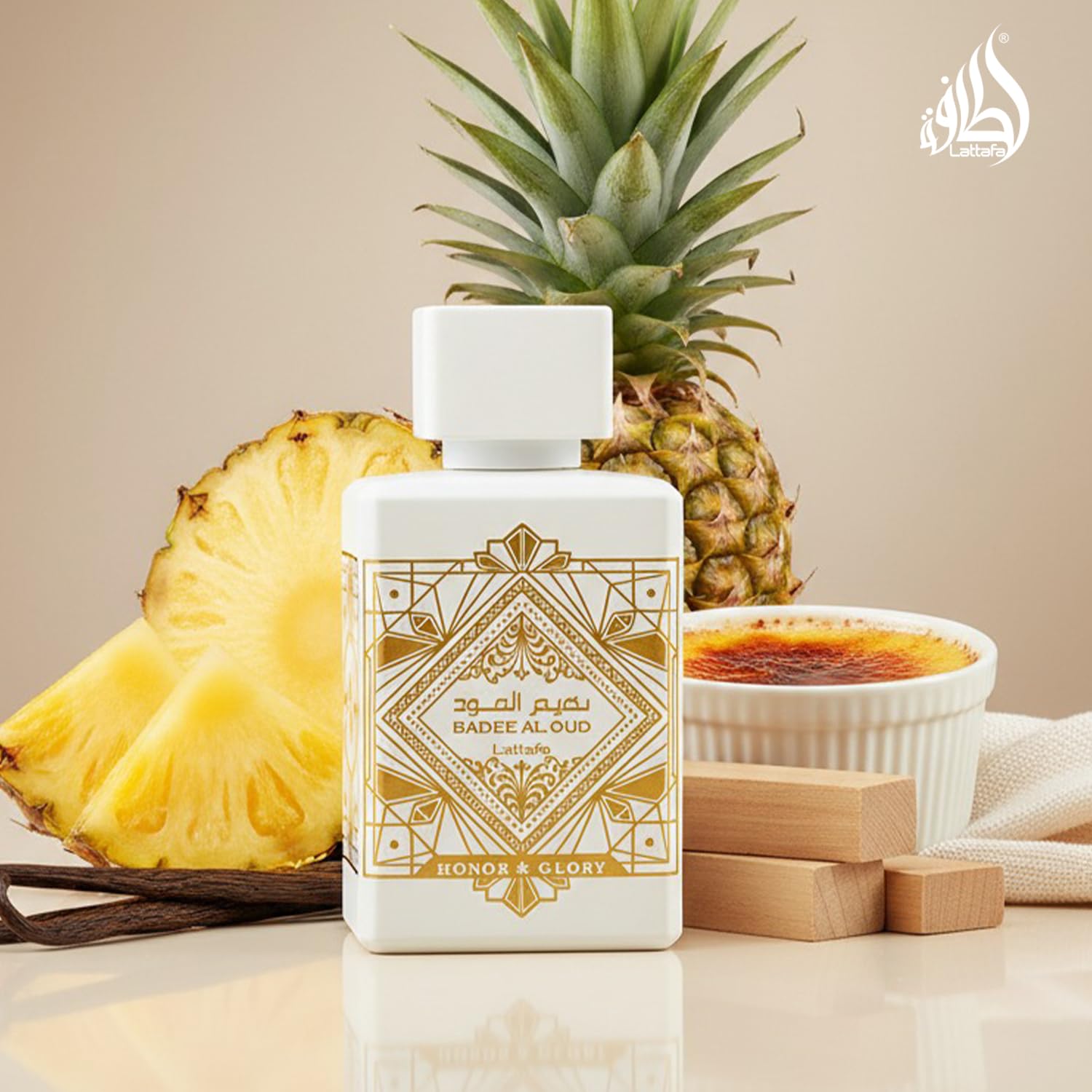 Lattafa Bade'e Al Oud Honor & Glory middle notes cinnamon and turmeric deliver warm spice.