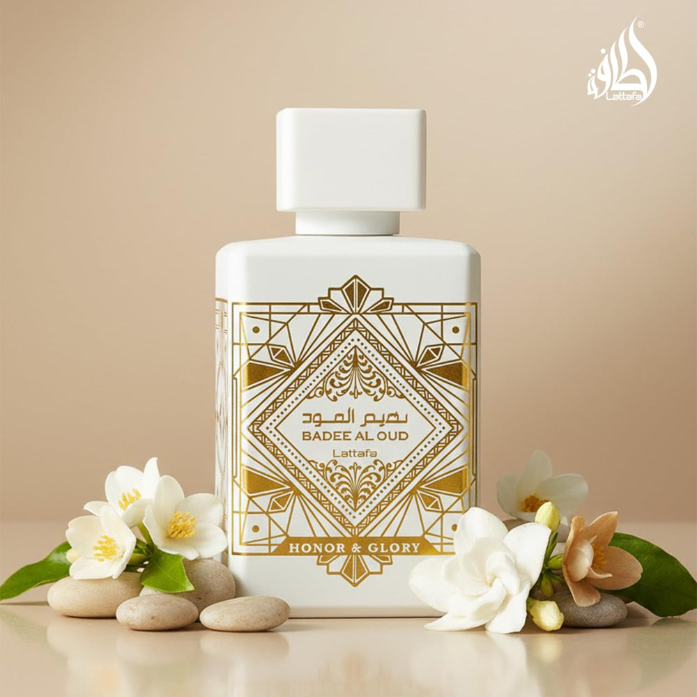 Lattafa Bade'e Al Oud Honor & Glory packaging box—premium presentation for gifting or personal luxury.