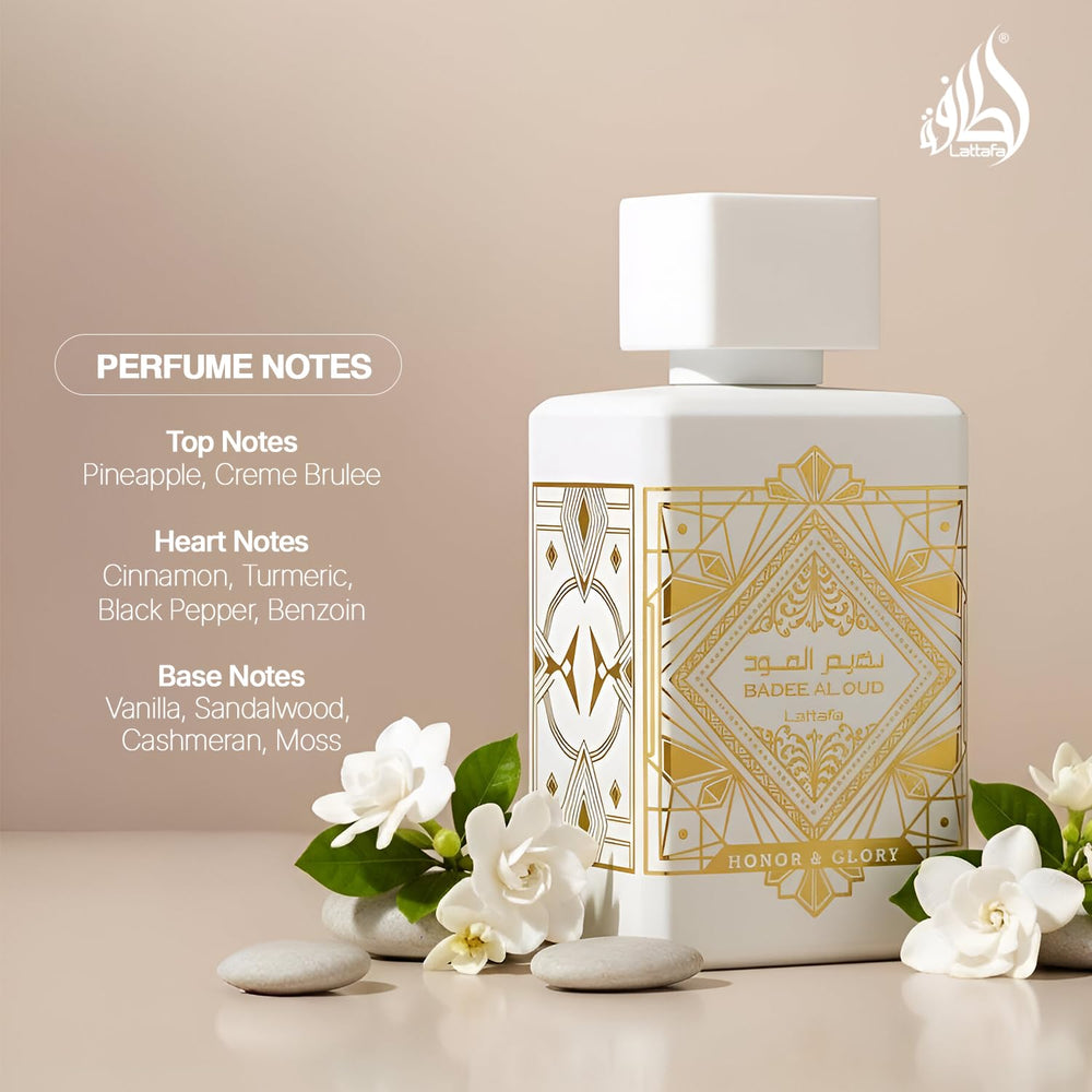 Lattafa Bade'e Al Oud Honor & Glory spray—long-lasting aroma for confident daytime use.