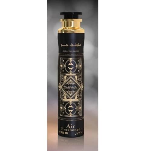 Lattafa Badee Al Oud Oud For Glory air freshener in a living room scene emphasizes luxurious scent with lasting warmth