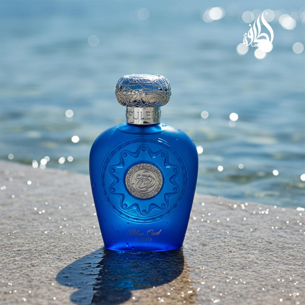 Lattafa Blue Oud outer box presentation signals gift-ready luxury and brand heritage.