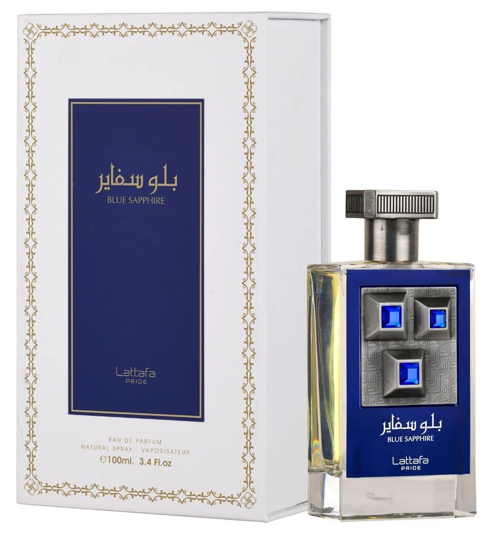Lattafa Blue Sapphire bottle front reveals bold unisex fragrance for year-round wear.