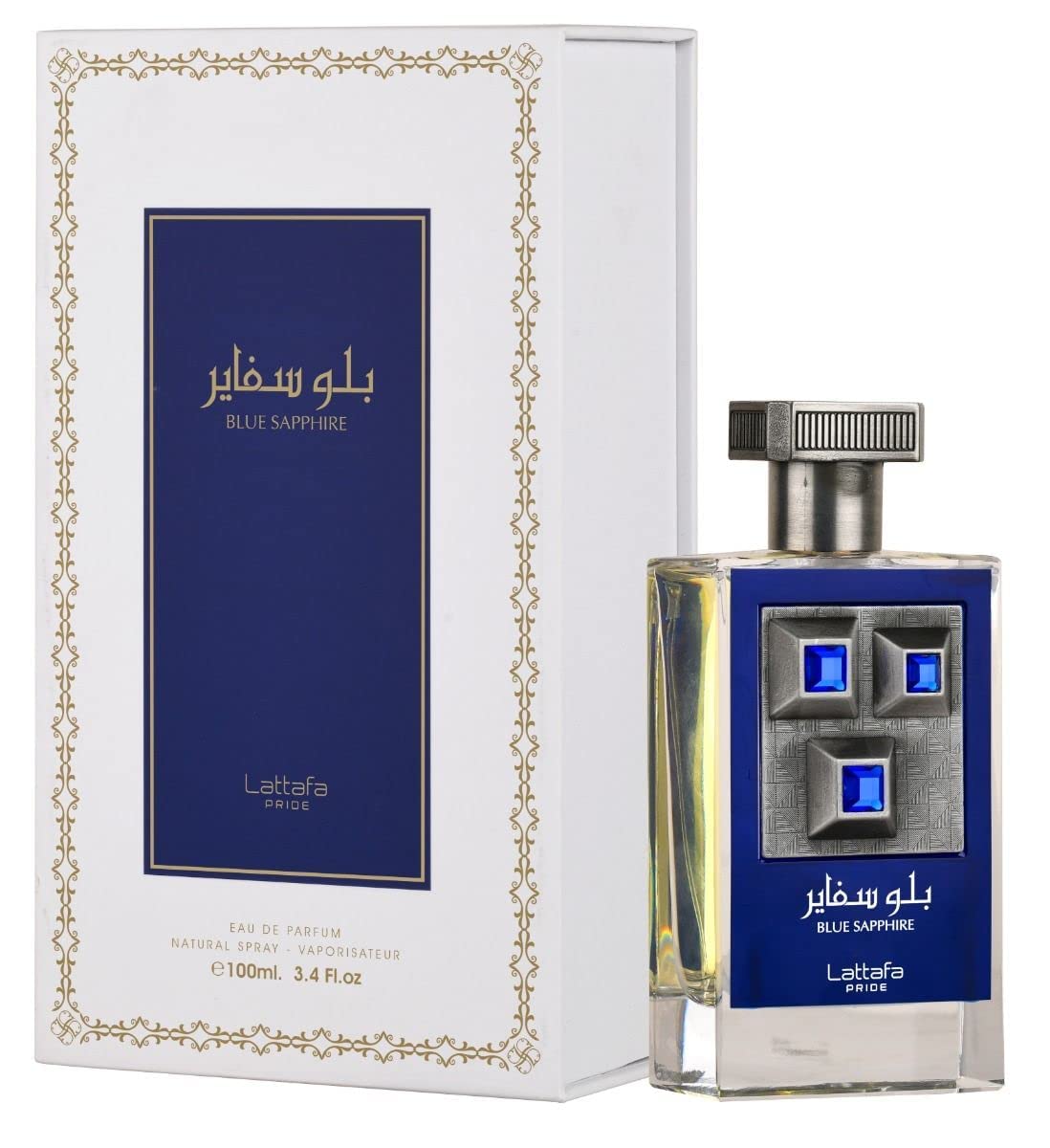 Lattafa Blue Sapphire bottle front reveals bold unisex fragrance for year-round wear.
