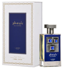 Lattafa Blue Sapphire bottle front reveals bold unisex fragrance for year-round wear.