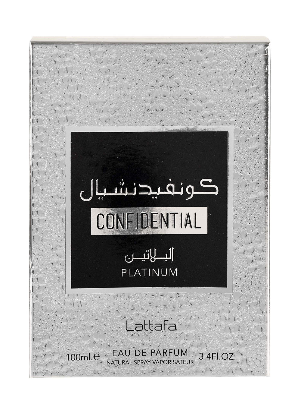 Lattafa Confidential Platinum display shot fruity-floral-woody profile in action