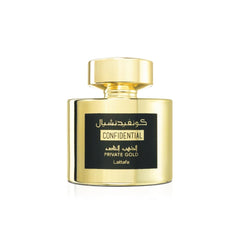 Lattafa Confidential Private Gold bottle on display for everyday elegance and versatile wear.