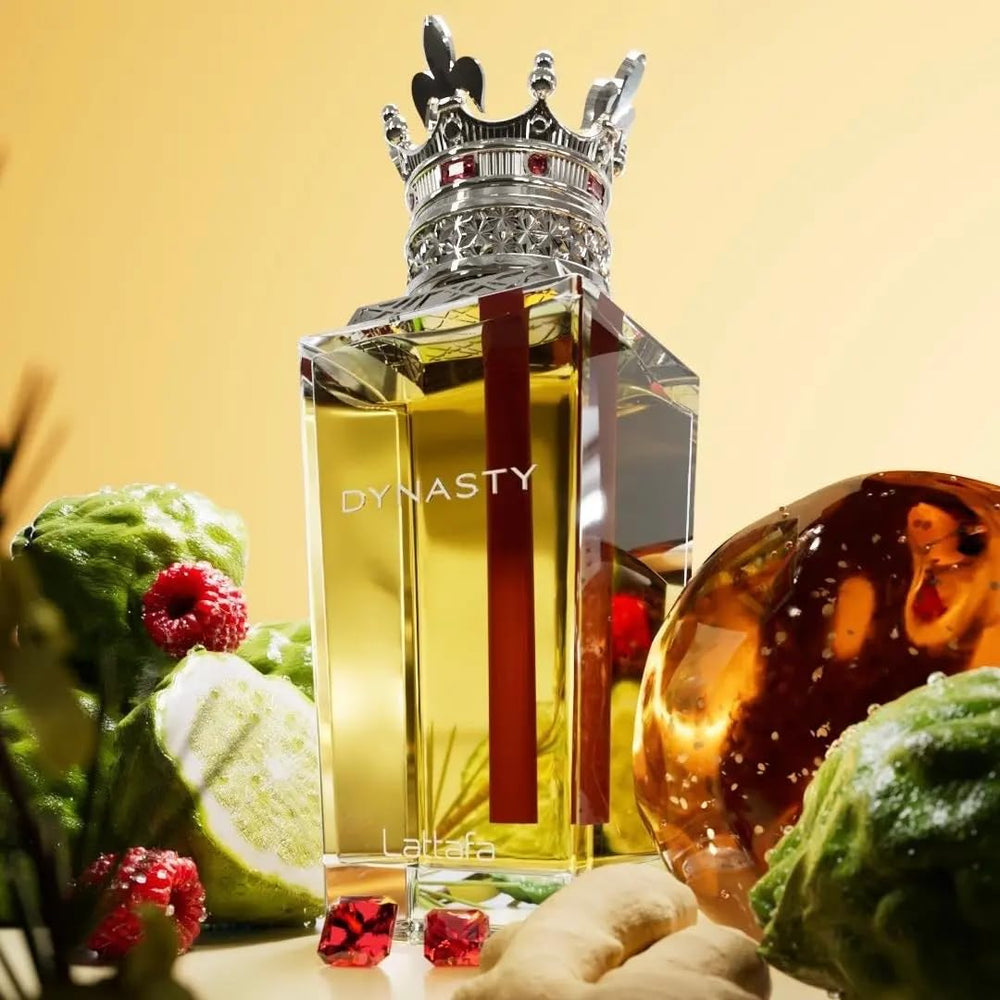 Lattafa Dynasty bottle side view shows premium packaging, ideal for gifting and display.