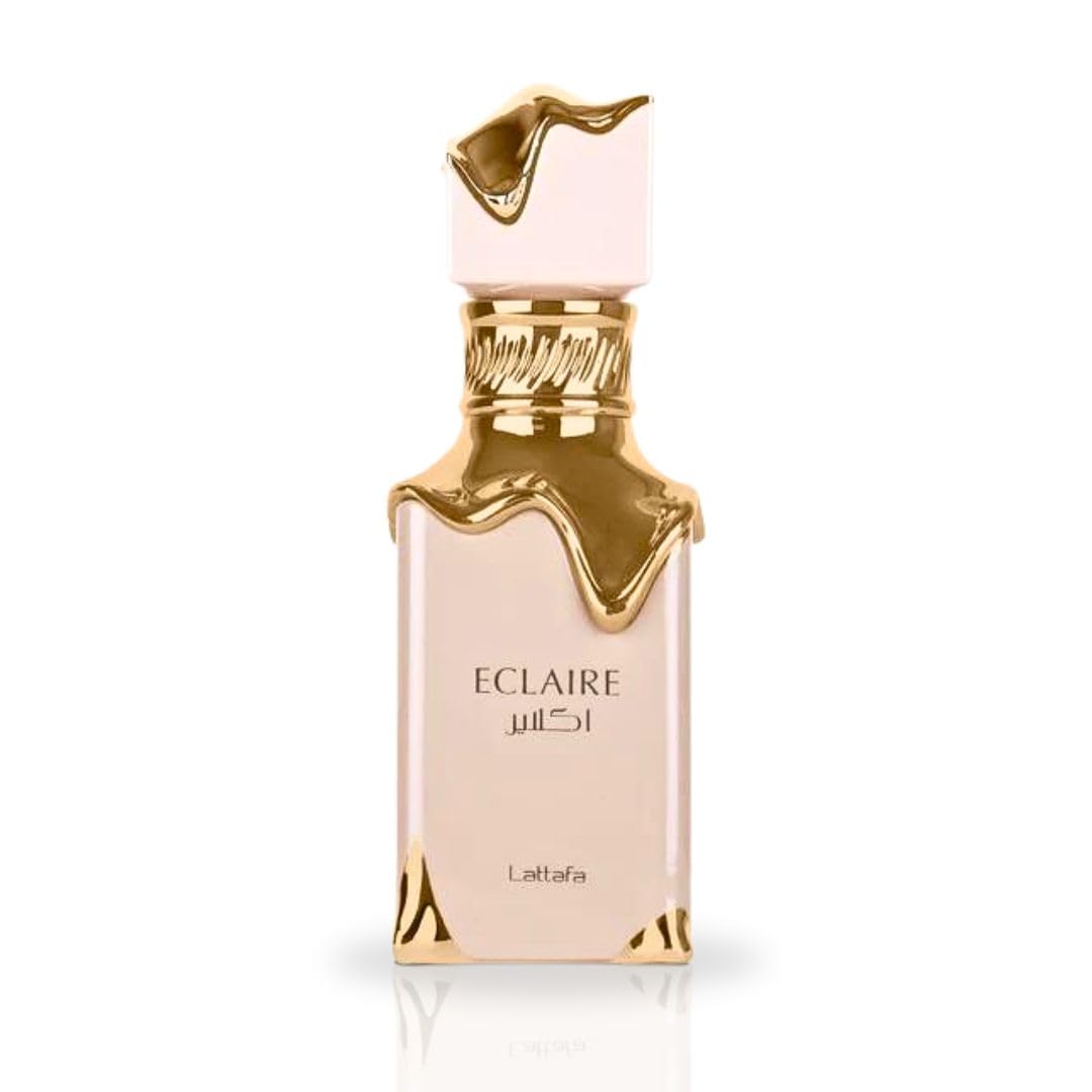 Lattafa Eclaire base notes vanilla praline musk offer warm lasting depth.