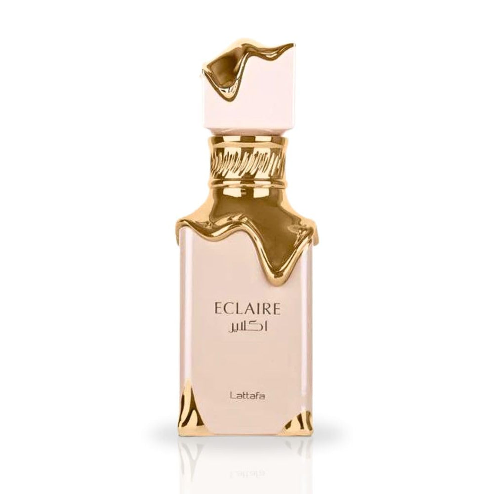 Lattafa Eclaire base notes vanilla praline musk offer warm lasting depth.