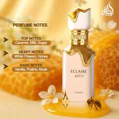 Lattafa Eclaire bottle pour shows easy application for lasting scent throughout the day