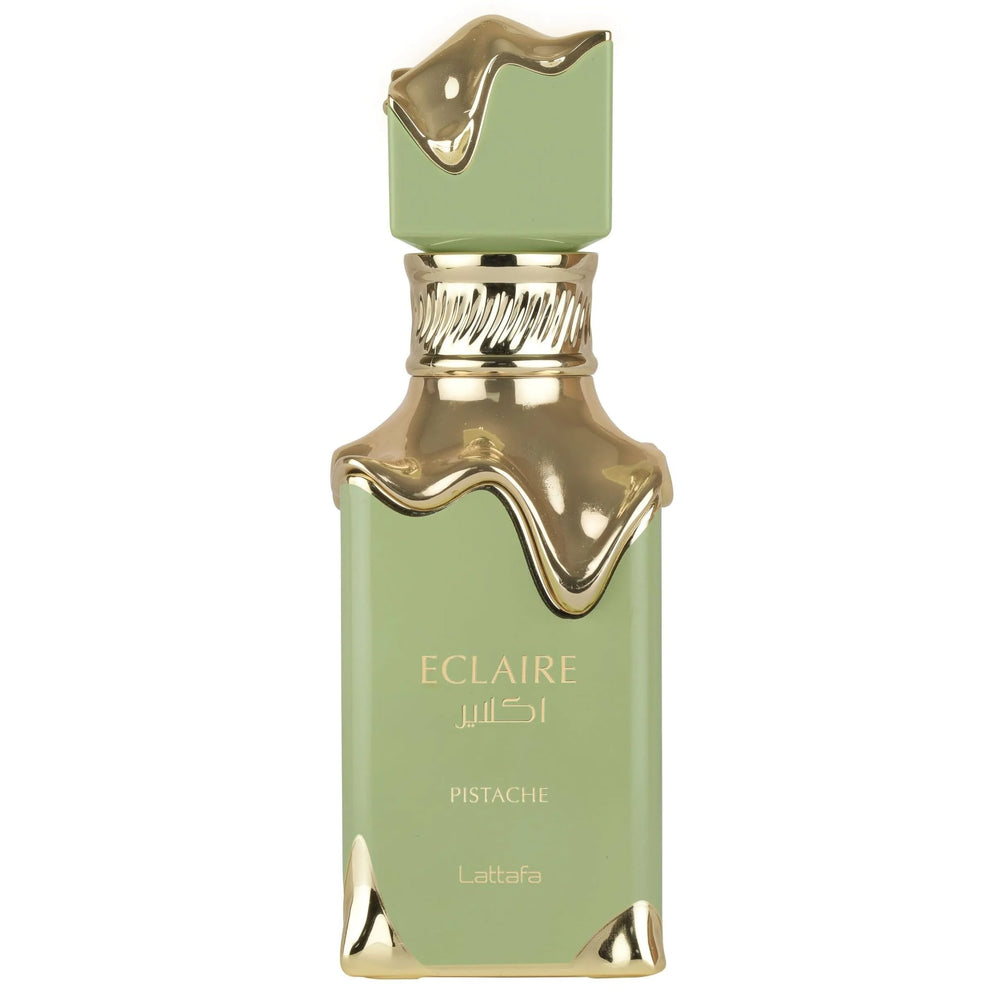 Lattafa Eclaire Pistache bottle closeup showcases creamy gourmand aroma for evening wear.