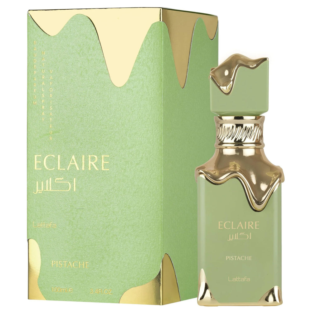 Lattafa Eclaire Pistache pour image highlights pistachio notes for dessert-inspired fragrance.