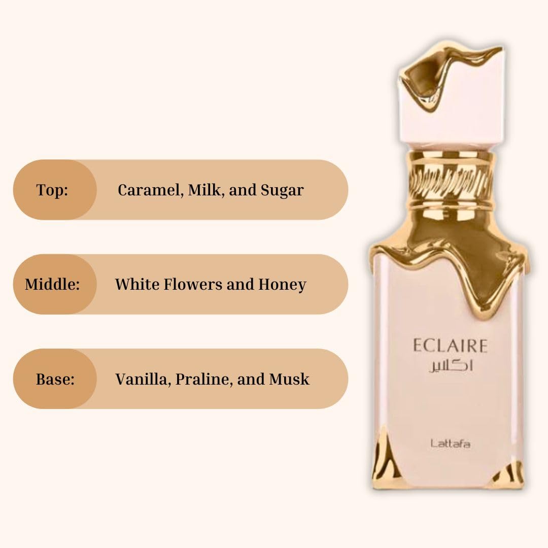 Lattafa Eclaire top notes caramel milk sugar evoke gourmand sweetness.