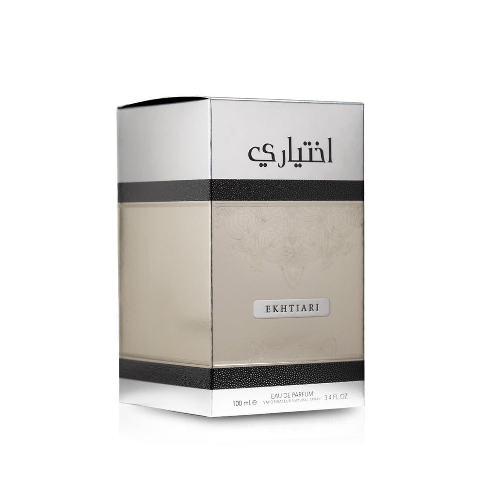 Lattafa Ekhtiari floral heart of white roses and lilies exudes refined elegance.