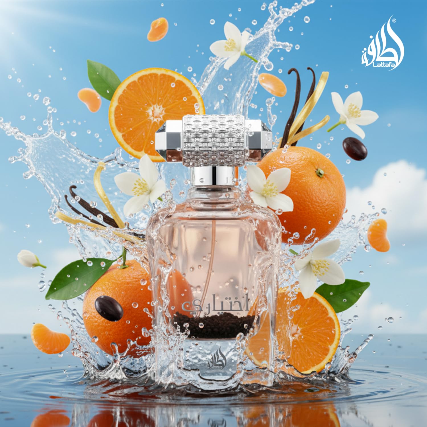 Lattafa Ekhtiari top view highlights mandarin brightness for daytime wear.