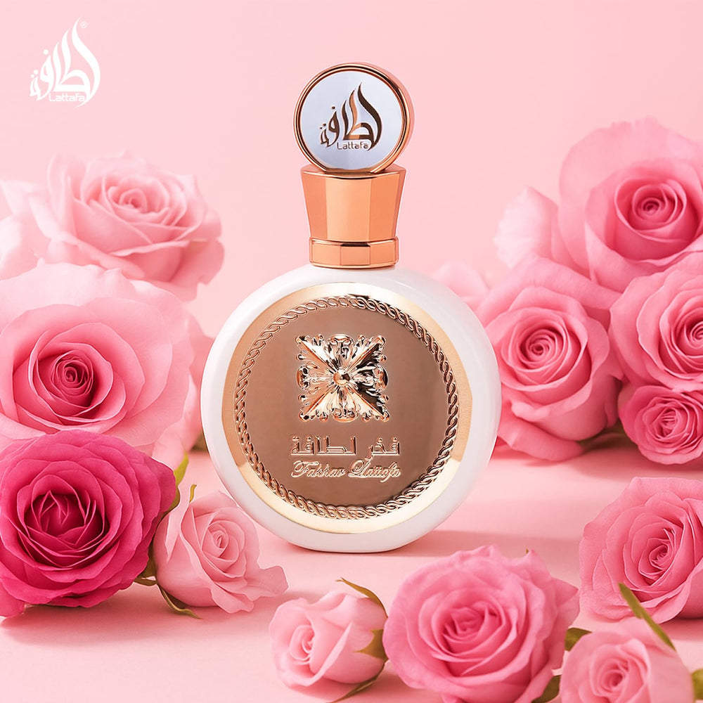 Lattafa Fakhar bottle resting elegantly on a surface for refined everyday wear.