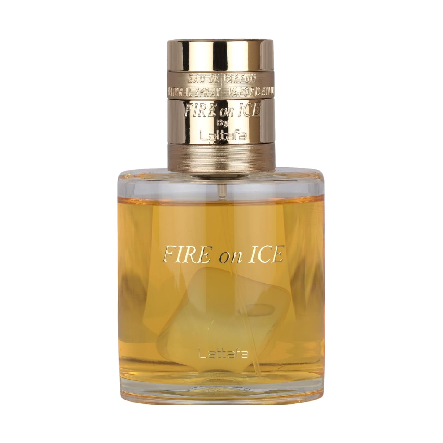 Lattafa Fire On Ice heart with rose petals and moss for balanced freshness and depth