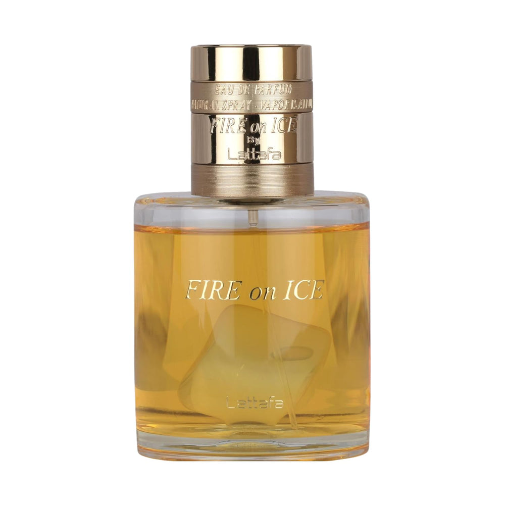 Lattafa Fire On Ice heart with rose petals and moss for balanced freshness and depth