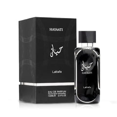Lattafa Hayaati packaging—sleek box presenting a modern woody-aromatic fragrance for gifting.