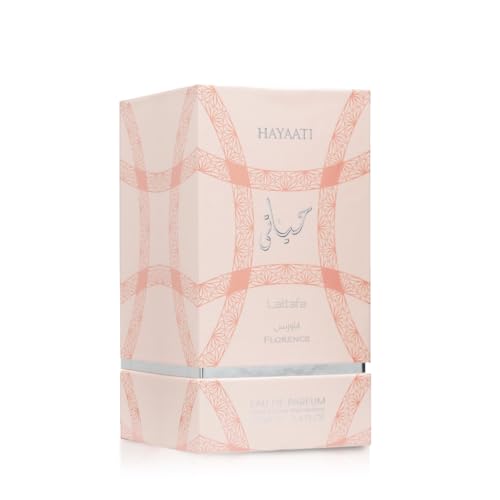 Lattafa Hayaati Florence bottle-label close-up emphasizes branding and quality