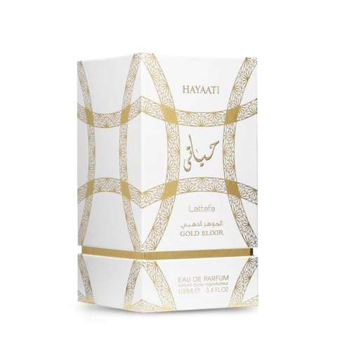 Lattafa Hayaati Gold Elixir bottle with gift-ready packaging