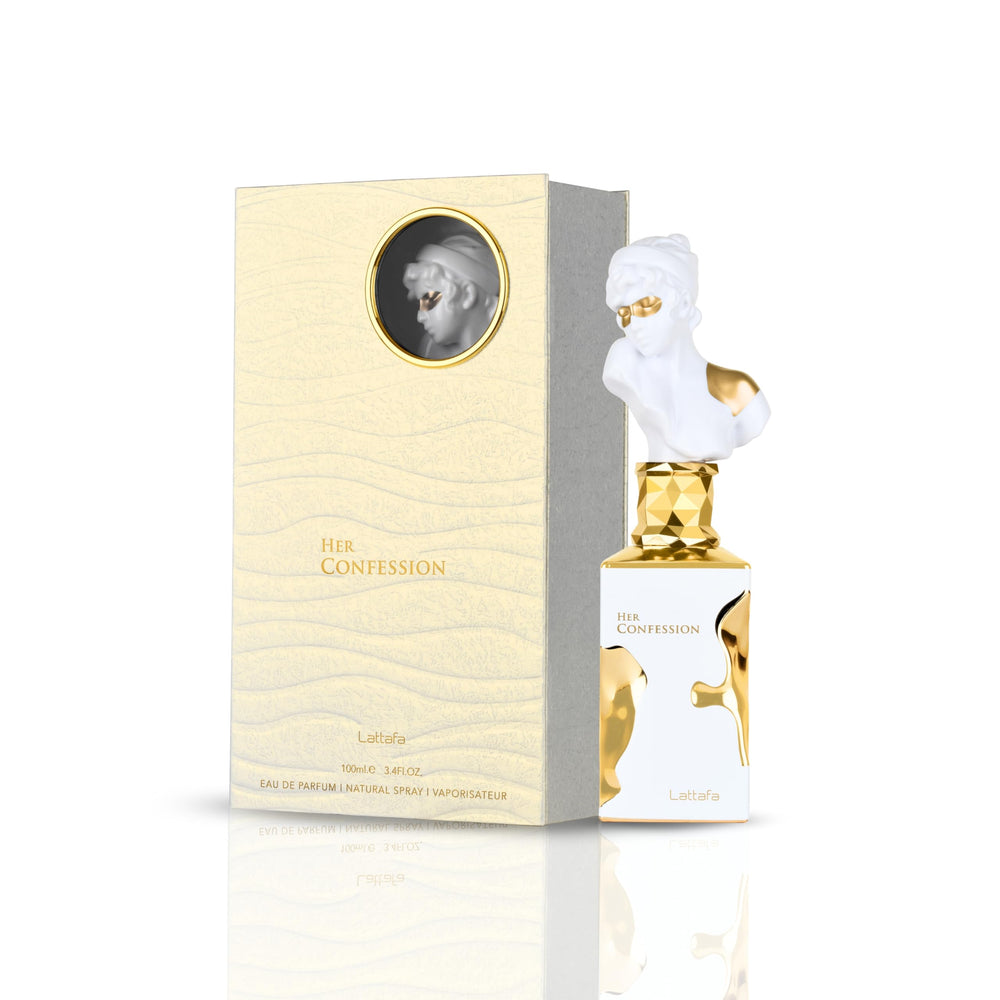 Lattafa Her Confession base notes tonka bean, musk, vanilla for warm lasting foundation.